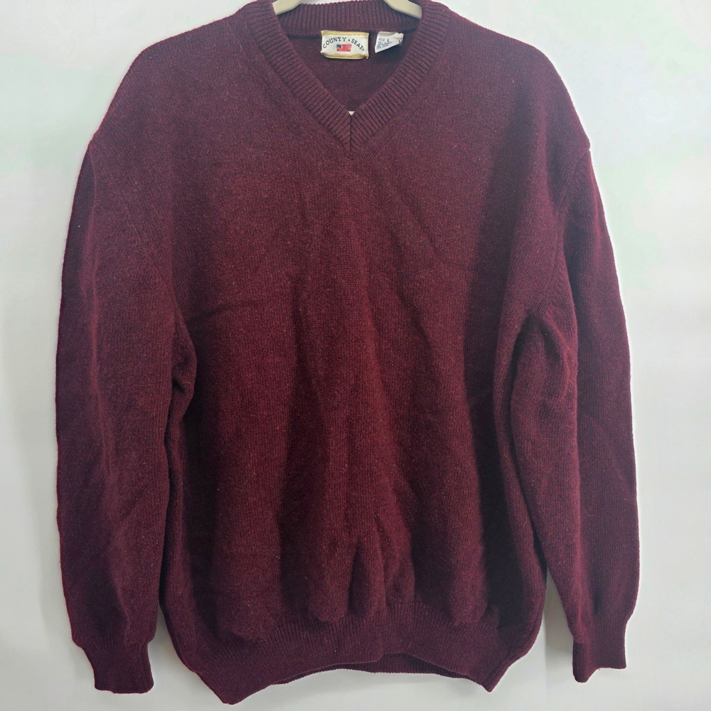 County Seat‎ vintage Mens Large Burgundy Wool Blend V Neck Sweater Warm Layer